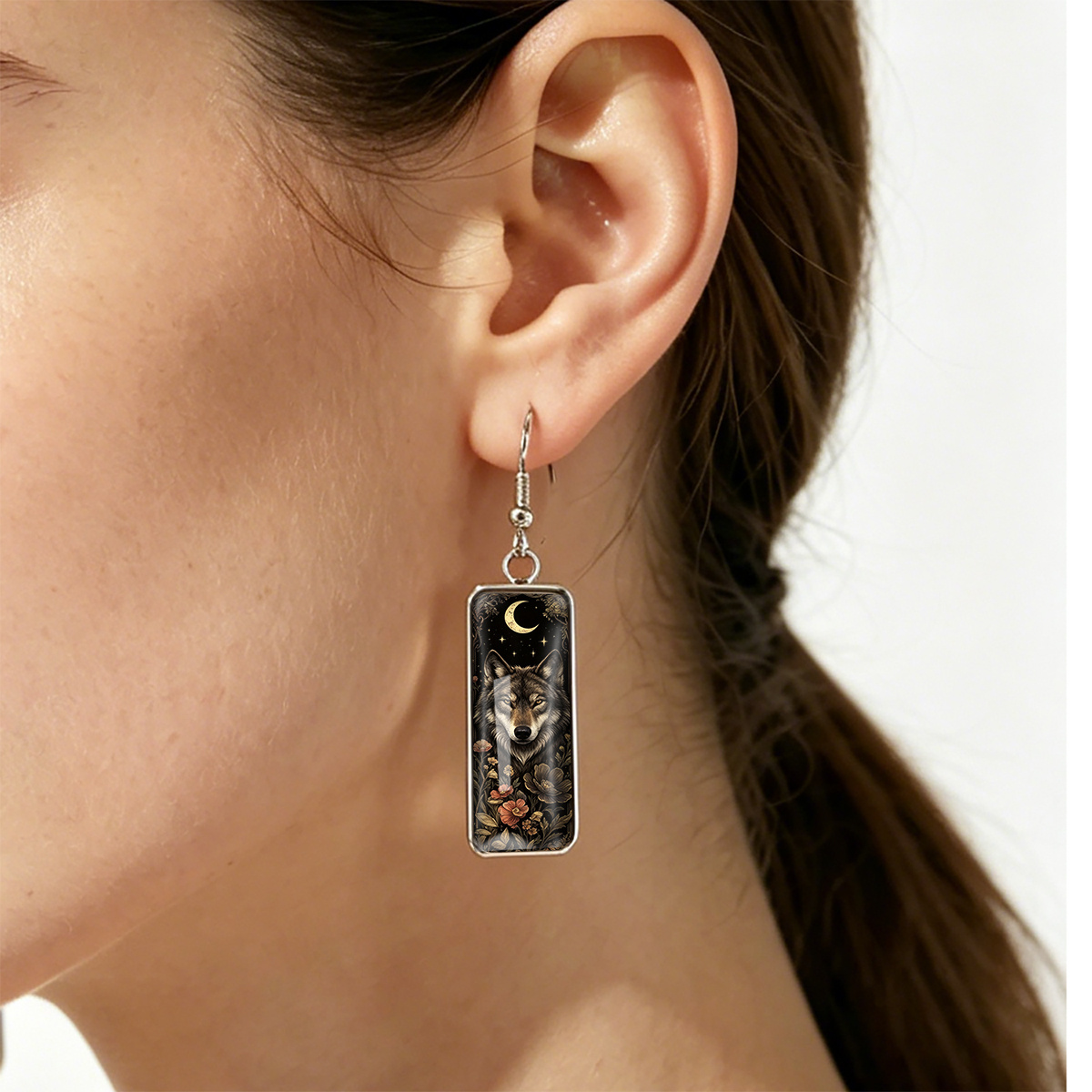 Crescent Moon & Wolf Vintage Flowers Earrings, Mystical Design